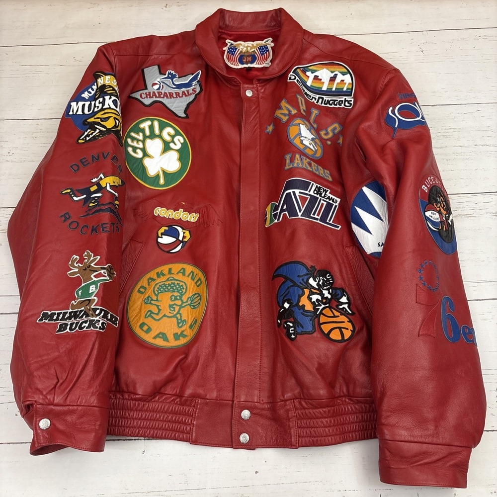 Vintage Jeff Hamilton NBA ABA Patchwork Red Leather Bomber Jacket 5XL Big Tall